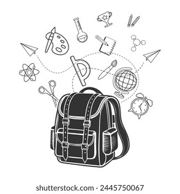 School backpack with various science icons on a white background. Education concept banner. Illustration. Vector
