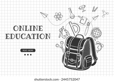 School backpack with various science icons on a checkered background. Education concept banner. Illustration. Vector
