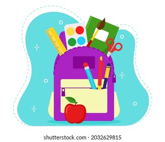 Mochila escolar con varios suministros escolares. Lápices, plumas, pinturas y pinceles, tijeras, libros. Ilustración vectorial en estilo plano
