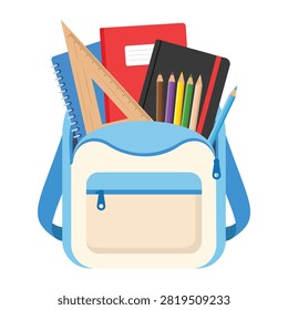 School backpack vector with books notebooks pencils and classroom supplies perfect for education student learning back to school promotions academic presentations and commercial graphic design projects