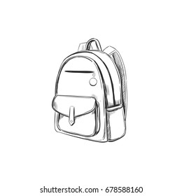 School Backpack. Vector hand drawn illustration. Sketch style. Bag for Travel, Sport