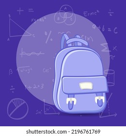 School backpack vector on purple math formulas background. Back to school concept.