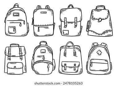 School backpack vector set of illustrations. Student bag, rucksack engraving, line art, outline, ink