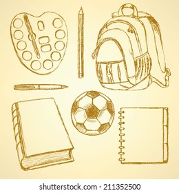 School backpack, watercolors, pen, pencil, football ball, book and notebook 