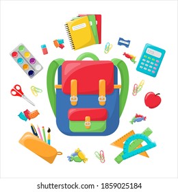 School backpack with writing materials. Bright and colorful backpack. In the style of the cartoon. Isolated on a white background. A set of school accessories.