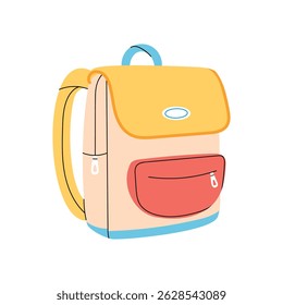 Mochila escolar com aba amarela e bolso vermelho. Saco infantil elegante em cores pastel. Objeto isolado para o tema voltar à escola.