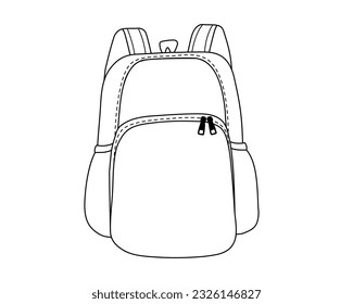 School backpack.Back to school rucksack for students or firts grader children.Simple line vector illustration in black and white