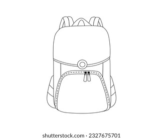 School backpack.Back to school  rucksack for students or firts grader children.Simple line vector illustration in black and white