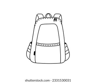 School backpack.Back to school rucksack for students or firts grader children.Simple line vector illustration in black and white