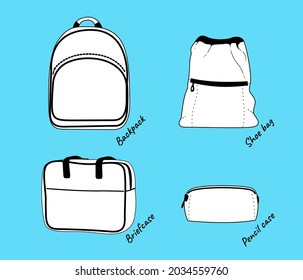 School backpacks and bags. Contour linе illustrations set of essential important things for school: backpack, briefcase, pencil case, shoe bag. Pictures for web catalogs or printed brochures.