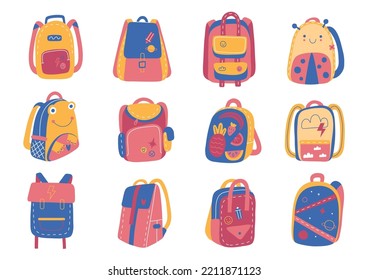 School backpacks. Children bright bags, funny color study equipment, kids elements, cartoon doodle style rucksacks. Stylish student accessories different shapes. Swanky vector isolated set