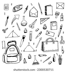 School backpacks. Children bright bags, funny color study equipment, kids elements, cartoon doodle style rucksacks. Stylish student accessories different shapes. Swanky vector isolated set