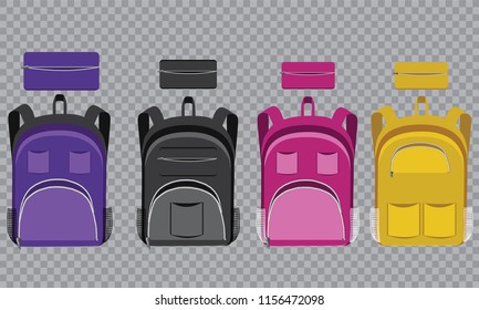 School backpacks collection isolated on white. School backpack in 4 different versions. Vector illustration