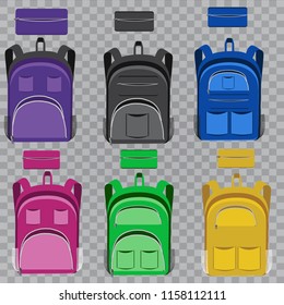 School backpacks collection isolated on white. School backpack in 4 different versions. Vector illustration