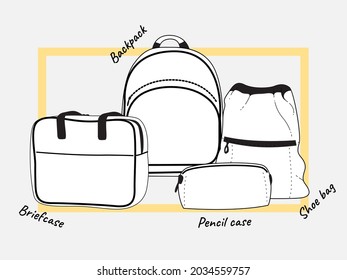 Composición de mochilas escolares. Lineas de contorno е conjunto de cosas esenciales para la escuela: mochila, maletín, estuche para lápiz, bolso para zapatos. Imágenes para catálogos web o folletos impresos.