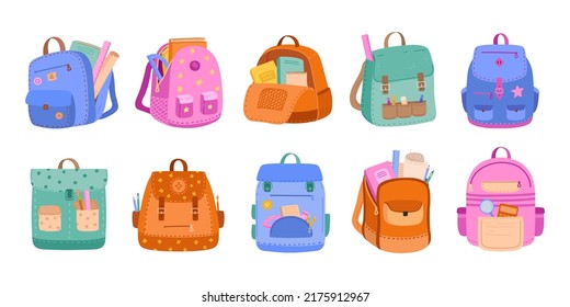 School backpacks. Kids schoolbags, childish bags with school supplies, books and stationery. Education accessories vector set. Colorful rucksacks with open pockets full of learning equipment