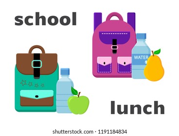 School backpacks and lunch food. Vector illustration