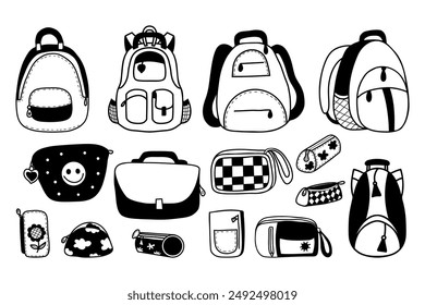 School backpacks, satchels, bag, pencil cases and school supplies doodle collection. Vector illustration. Isolated hand drawings for design and decoration