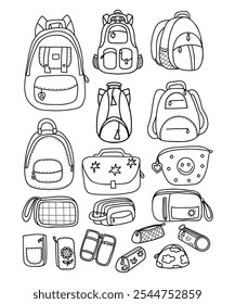 Mochilas escolares, sacolas, saco, estojos de lápis e suprimentos doodle coleção. Ilustração vetorial. Desenhos manuais isolados em contorno para design e decoração