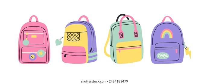 School backpacks and schoolbags set. Collection of various kids bags isolated on white. Different shapes. 