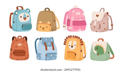 School backpacks set isolated on white background. Cute schoolbags for kids. Flat vector illustration.