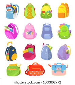 School backpacks, set of kids school bags isolated on white vector illustrations. Sacks, rucksacks, schoolbags for college, students supplies. Kids colorful backpacking equipment.