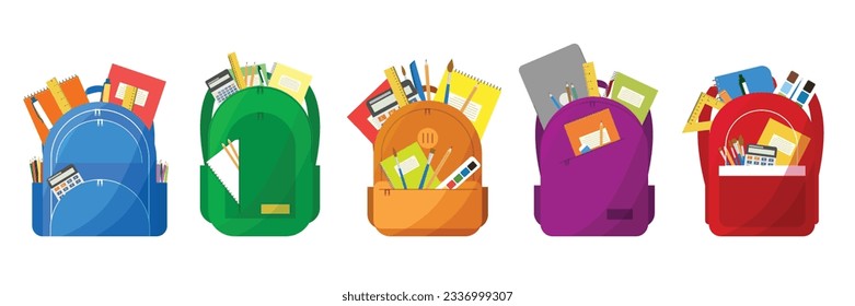 School backpacks set. Schoolbags with books, supplies, textbooks, notebooks, pens, pencils, paints, ruler, calculator. Colored school backpack. Education and study back to school, schoolbag luggage.