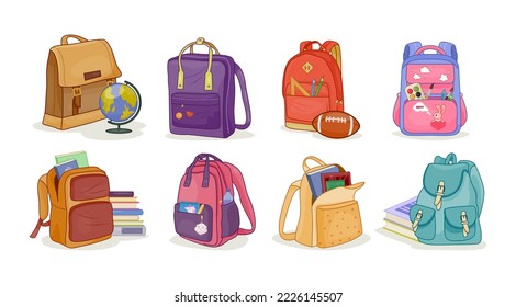 School backpacks set. Stickers with different backpacks, bags or satchels for school supplies. Accessory for schoolchildren. Education and study. Cartoon flat vector collection isolated on white