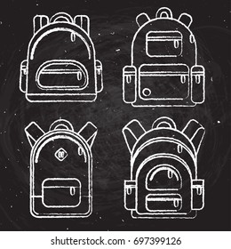 School backpacks, set of white chalk sketched backpack on black board. Back to school illustration.