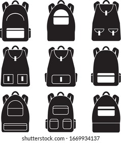 School backpacks. Vector illustration of a set of children's bags. Simple set of 9 backpacks vector icons for web design isolated on white background.