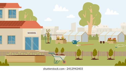 School backyard with greenhouses, flower beds, planted seedlings, gardening equipment flat vector illustration. School spring garden with trees and flowers and no people.