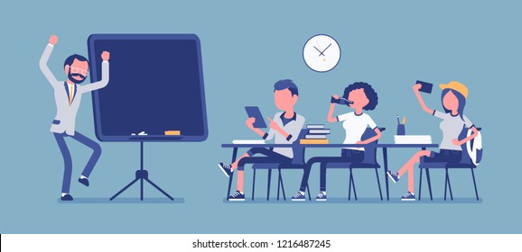 School bad behaviour. Disruptive classroom situation, classmates causing trouble for male teacher, misbehaves at lesson, negative atmosphere. Vector illustration with faceless characters