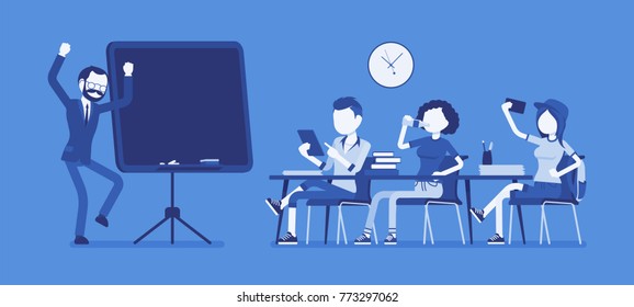 School bad behaviour. Disruptive classroom situation, classmates causing trouble for male teacher, misbehaves at lesson, negative atmosphere. Vector illustration with faceless characters