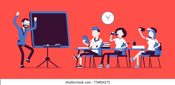 School bad behaviour. Disruptive classroom situation, classmates causing trouble for male teacher, misbehaves at lesson, negative atmosphere. Vector illustration with faceless characters