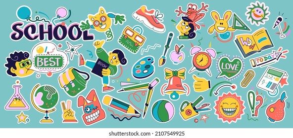 School badges. Abstract trendy stickers with school supplies, elementary and college education emblems. Vector isolated set