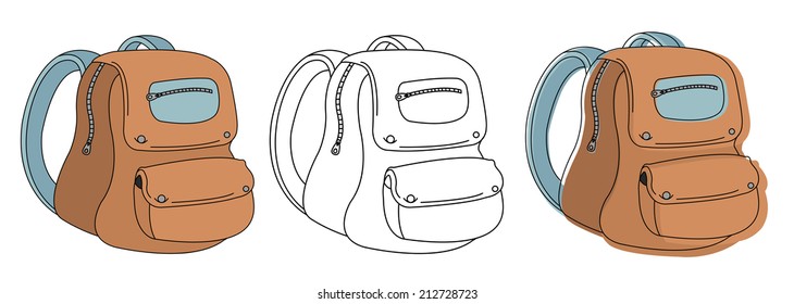 School bag in 3 different styles: color, contour, cartoon 