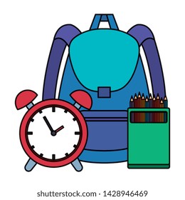 school bag with alarm clock and colors pencils