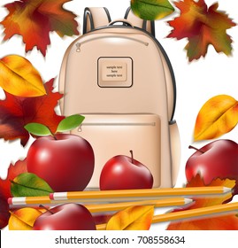 School bag and autumn leaves. Back to school concept background