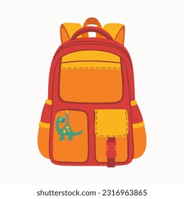School bag or backpack for children. Colorful rucksack with pockets, zippers and straps. Hand drawn vector illustration isolated on white background, flat cartoon style.