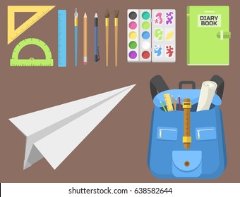 School bag backpack full of supplies children stationary zipper educational sack vector illustration.