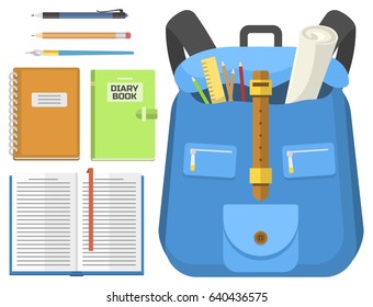 School bag backpack full of supplies children stationary zipper educational sack vector illustration.