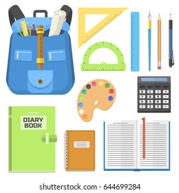 School bag backpack full of supplies children stationary zipper educational sack vector illustration.