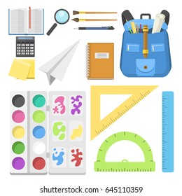 School bag backpack full of supplies children stationary zipper educational sack vector illustration.