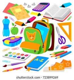 School bag backpack full of supplies children stationary zipper educational sack vector illustration.