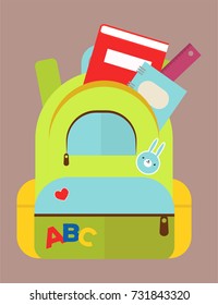 School bag backpack full of supplies children stationary zipper educational sack vector illustration.
