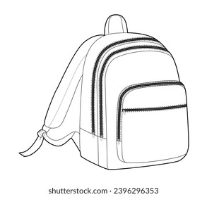 Bolsa de silueta de la mochila de la bolsa de la escuela. Ilustración técnica de accesorios de moda. Vista frontal del vector 3-4 para hombres, mujeres, estilo unisex, bolso plano de simulación CAD esquema aislado