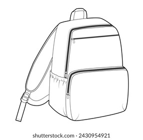 Bolso de la escuela bolso de la silueta de la mochila. Ilustración técnica de accesorios de moda. Vector bolso escolar 3-4 vista para hombres, mujeres, estilo unisex, bolso plano CAD mockup sketch contorno aislado