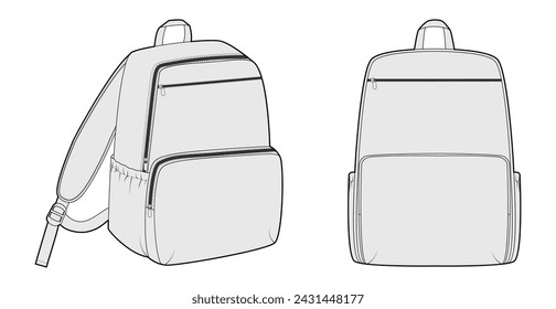 School Bag backpack silhouette bag. Fashion accessory technical illustration. Vector schoolbag front 3-4 view for Men, women, unisex style, flat handbag CAD mockup sketch outline isolated