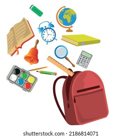 school bag book calculator clock pen ruler paint