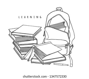 School bag, book stack and a heap textbooks. Linear graphic illustration of schooling.